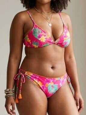 Hobie Tropical Floral Tassel Tie Side Pink Two Piece Bikini Set SZ L